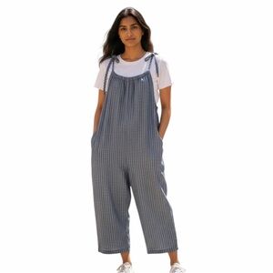 LaBiz Blue Pinstripe Tie Shoulder Wide Leg Cotton Boho Jumpsuit Size Large